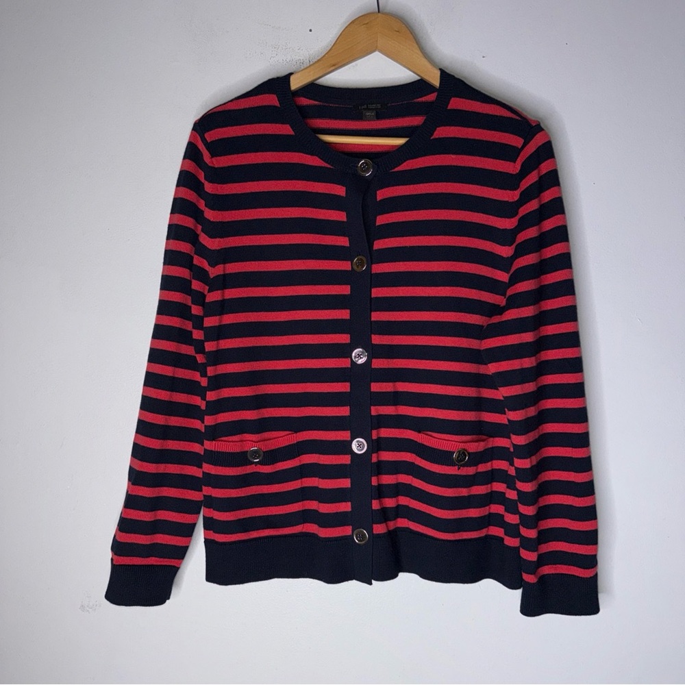 J.‎ Jill Wearever Collection Cardigan Sweater, Red/Navy Striped, Gold Buttons LP